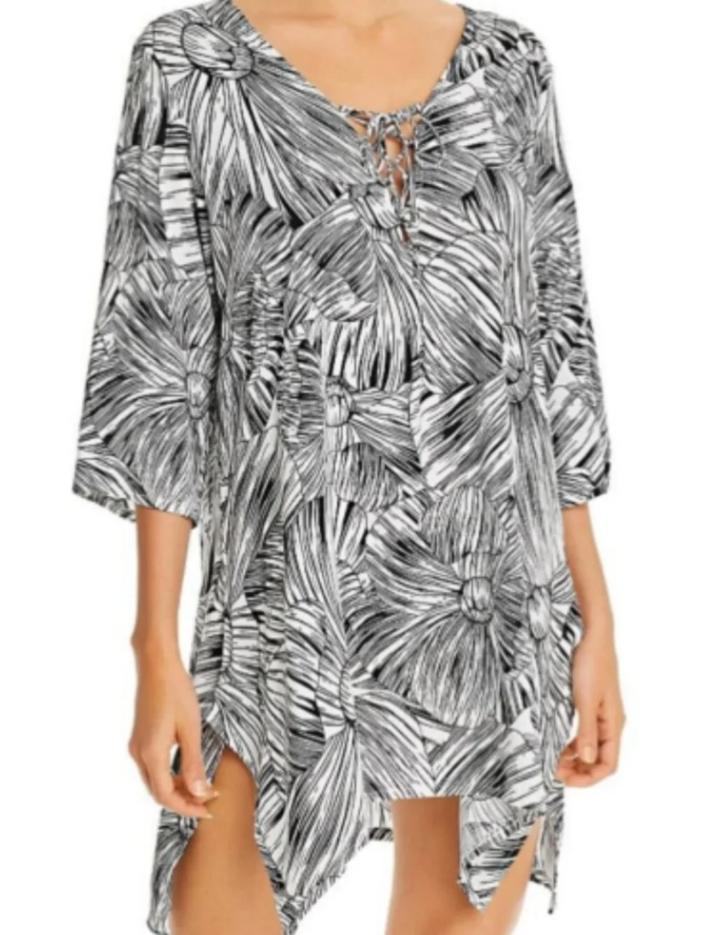 J Valdi Womens S Black White 3/4 Sleeve Flower Shark Bite‎ Tunic Cover Dress Top